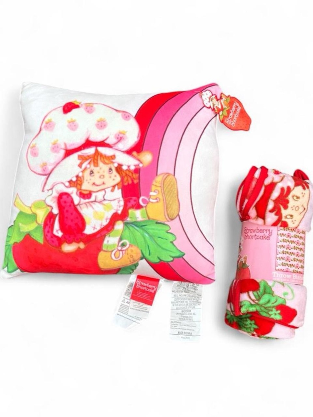 NWT Strawberry Shortcake Squishy Cushion Pillow & Throw Blanket Bundle